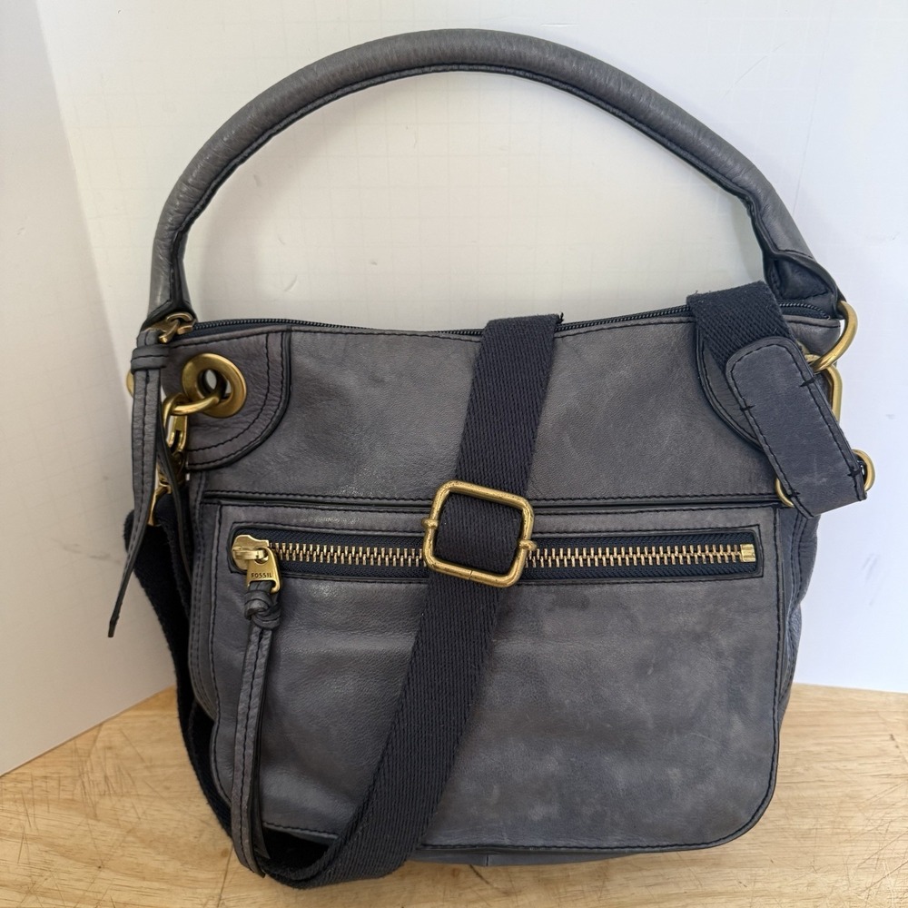 Fossil Dusty Blue Leather Handbag Zip Convertable Crossbody Shoulder Satchel Bag